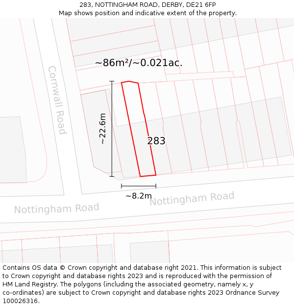 283, NOTTINGHAM ROAD, DERBY, DE21 6FP: Plot and title map