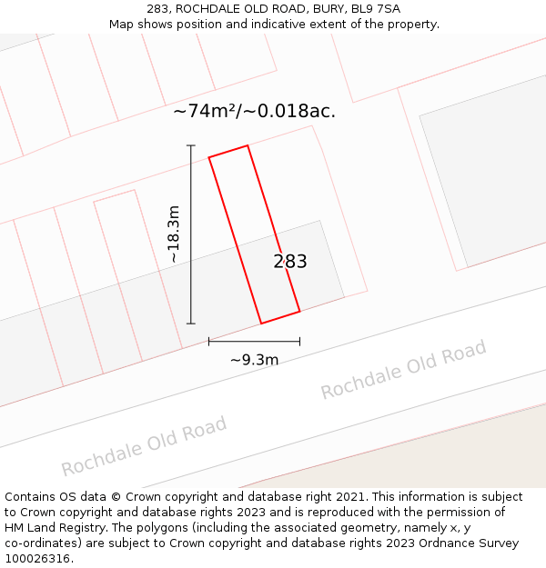 283, ROCHDALE OLD ROAD, BURY, BL9 7SA: Plot and title map