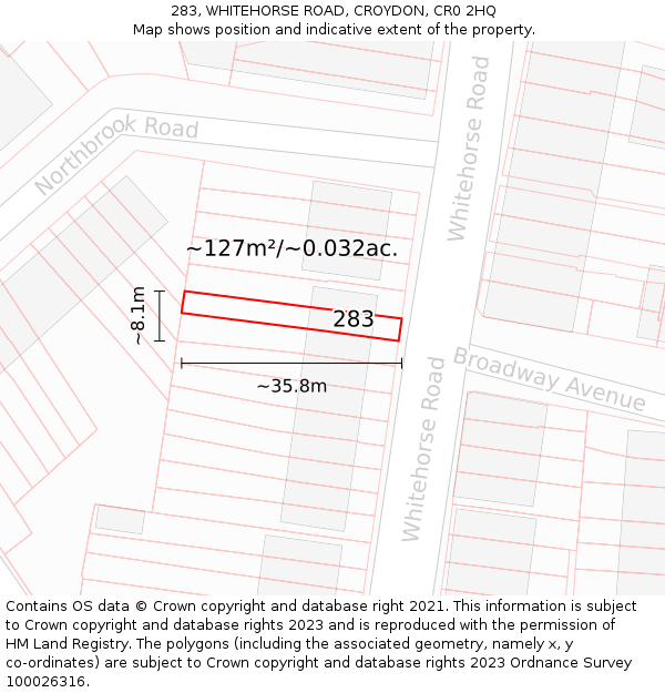 283, WHITEHORSE ROAD, CROYDON, CR0 2HQ: Plot and title map