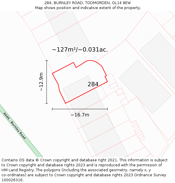 284, BURNLEY ROAD, TODMORDEN, OL14 8EW: Plot and title map