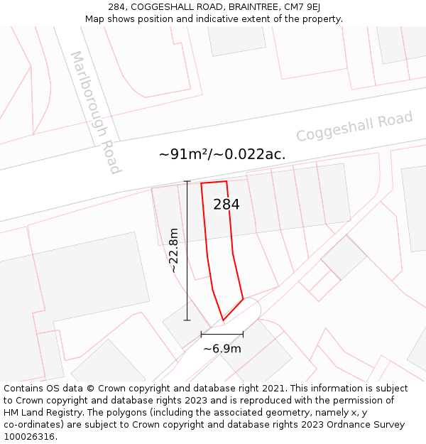 284, COGGESHALL ROAD, BRAINTREE, CM7 9EJ: Plot and title map