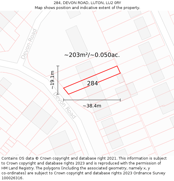 284, DEVON ROAD, LUTON, LU2 0RY: Plot and title map