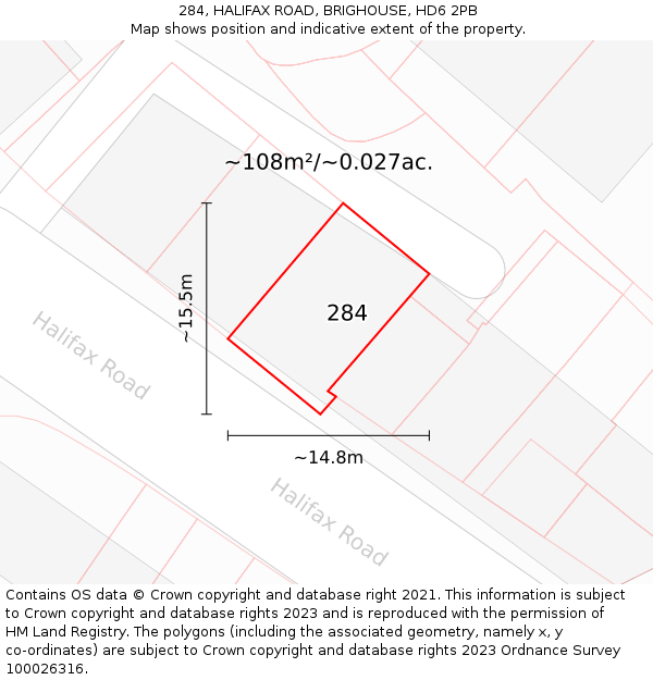 284, HALIFAX ROAD, BRIGHOUSE, HD6 2PB: Plot and title map