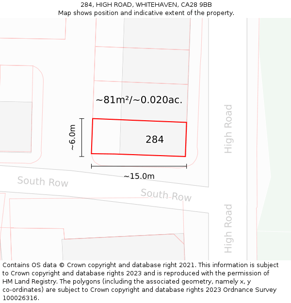 284, HIGH ROAD, WHITEHAVEN, CA28 9BB: Plot and title map