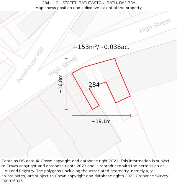 284, HIGH STREET, BATHEASTON, BATH, BA1 7RA: Plot and title map