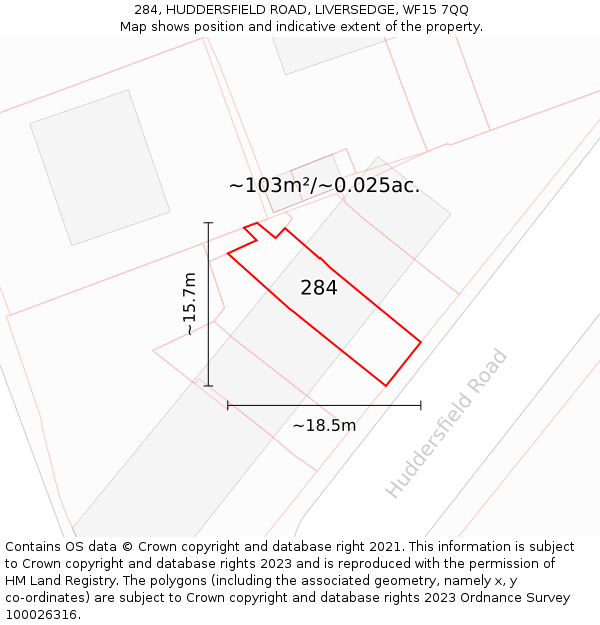 284, HUDDERSFIELD ROAD, LIVERSEDGE, WF15 7QQ: Plot and title map