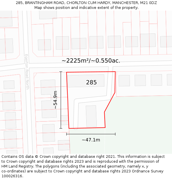 285, BRANTINGHAM ROAD, CHORLTON CUM HARDY, MANCHESTER, M21 0DZ: Plot and title map
