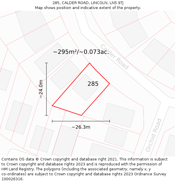 285, CALDER ROAD, LINCOLN, LN5 9TJ: Plot and title map