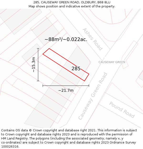 285, CAUSEWAY GREEN ROAD, OLDBURY, B68 8LU: Plot and title map