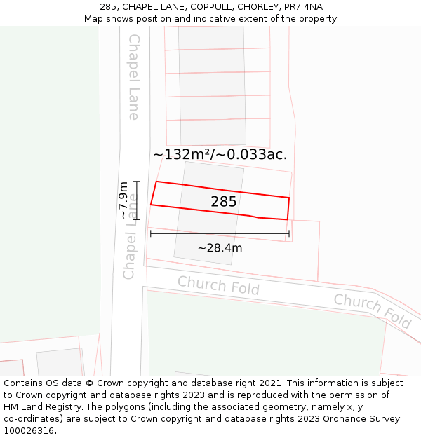285, CHAPEL LANE, COPPULL, CHORLEY, PR7 4NA: Plot and title map