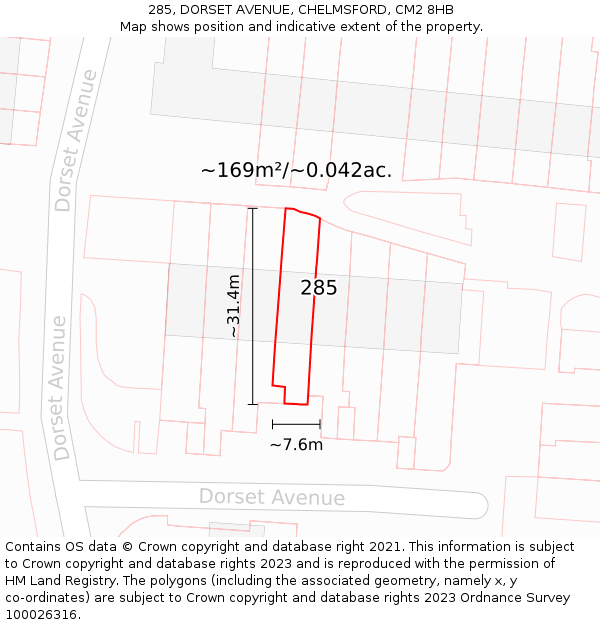 285, DORSET AVENUE, CHELMSFORD, CM2 8HB: Plot and title map
