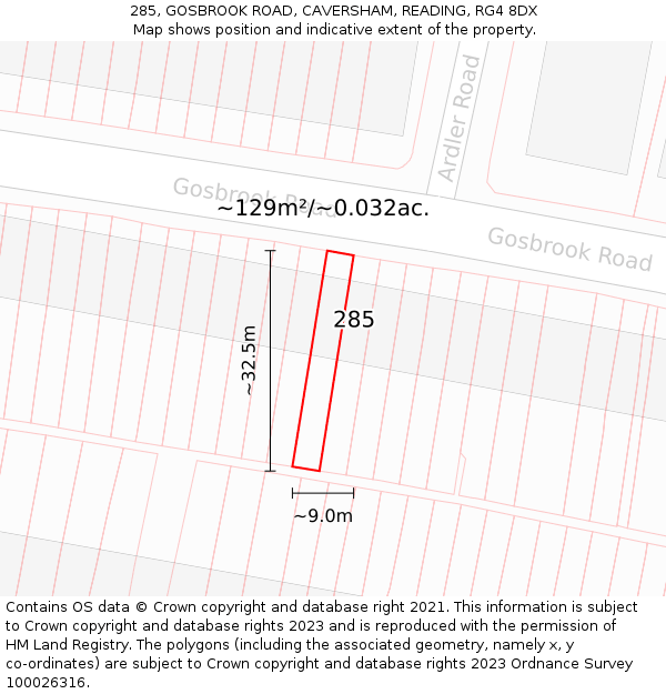 285, GOSBROOK ROAD, CAVERSHAM, READING, RG4 8DX: Plot and title map