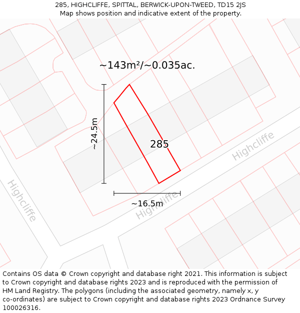 285, HIGHCLIFFE, SPITTAL, BERWICK-UPON-TWEED, TD15 2JS: Plot and title map