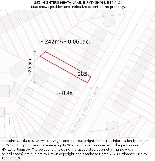 285, HIGHTERS HEATH LANE, BIRMINGHAM, B14 4NX: Plot and title map