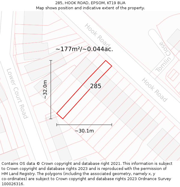 285, HOOK ROAD, EPSOM, KT19 8UA: Plot and title map