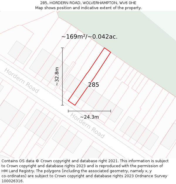 285, HORDERN ROAD, WOLVERHAMPTON, WV6 0HE: Plot and title map