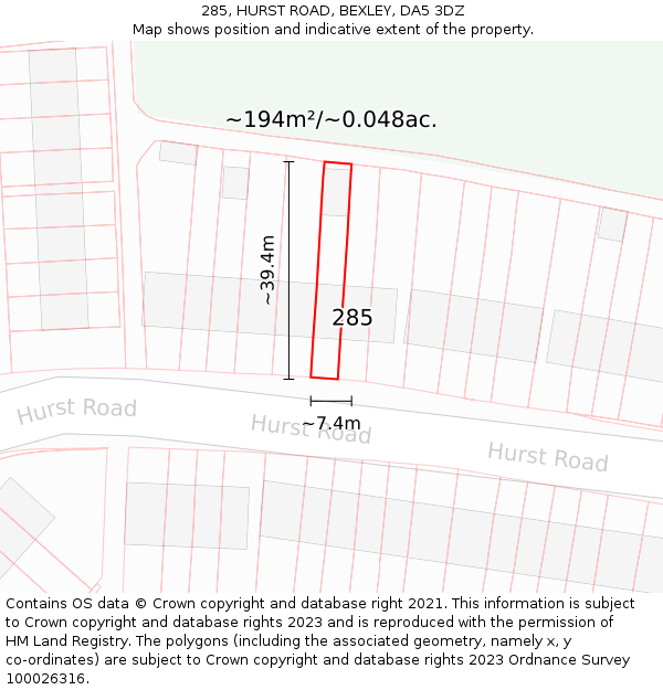 285, HURST ROAD, BEXLEY, DA5 3DZ: Plot and title map