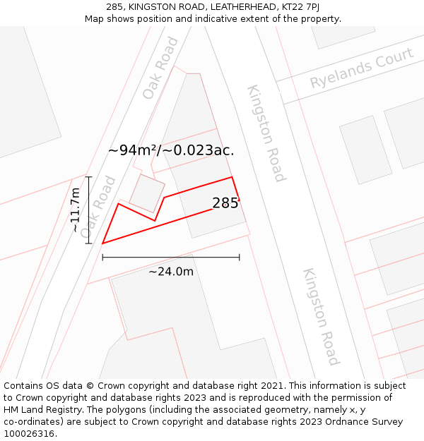 285, KINGSTON ROAD, LEATHERHEAD, KT22 7PJ: Plot and title map