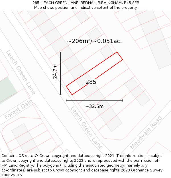 285, LEACH GREEN LANE, REDNAL, BIRMINGHAM, B45 8EB: Plot and title map