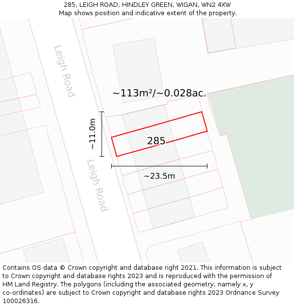 285, LEIGH ROAD, HINDLEY GREEN, WIGAN, WN2 4XW: Plot and title map