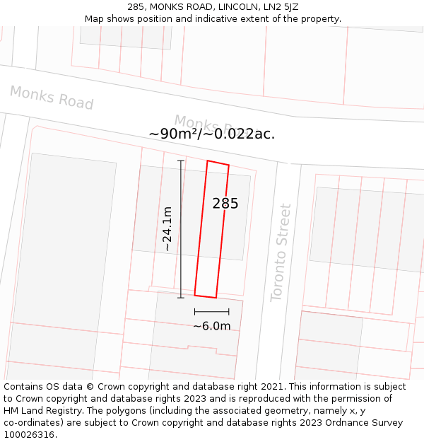 285, MONKS ROAD, LINCOLN, LN2 5JZ: Plot and title map