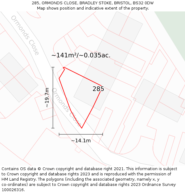 285, ORMONDS CLOSE, BRADLEY STOKE, BRISTOL, BS32 0DW: Plot and title map