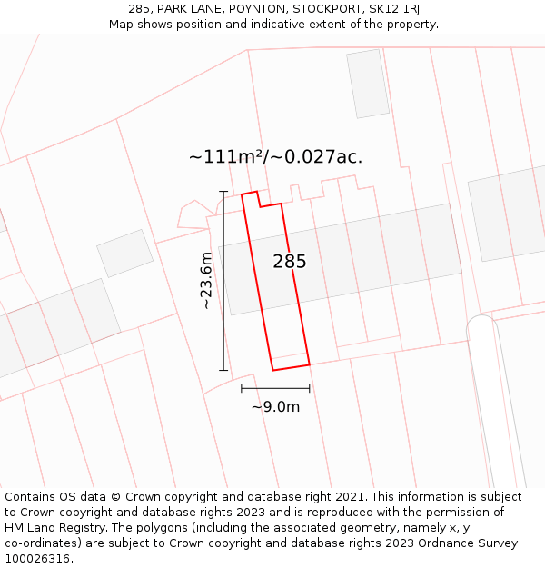 285, PARK LANE, POYNTON, STOCKPORT, SK12 1RJ: Plot and title map