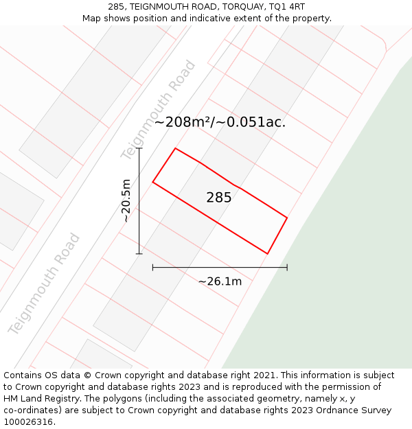 285, TEIGNMOUTH ROAD, TORQUAY, TQ1 4RT: Plot and title map