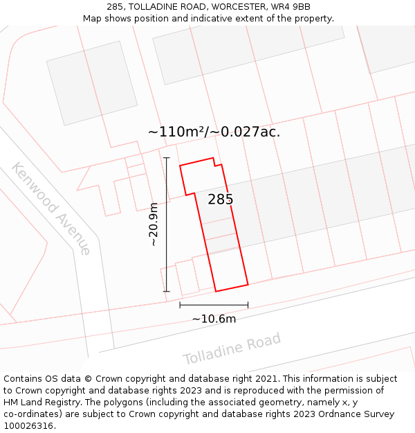 285, TOLLADINE ROAD, WORCESTER, WR4 9BB: Plot and title map