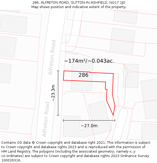 286, ALFRETON ROAD, SUTTON-IN-ASHFIELD, NG17 1JD: Plot and title map