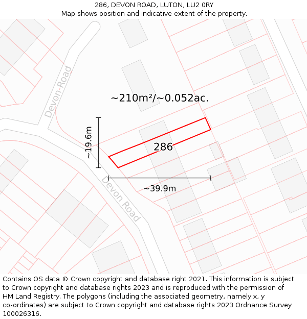 286, DEVON ROAD, LUTON, LU2 0RY: Plot and title map