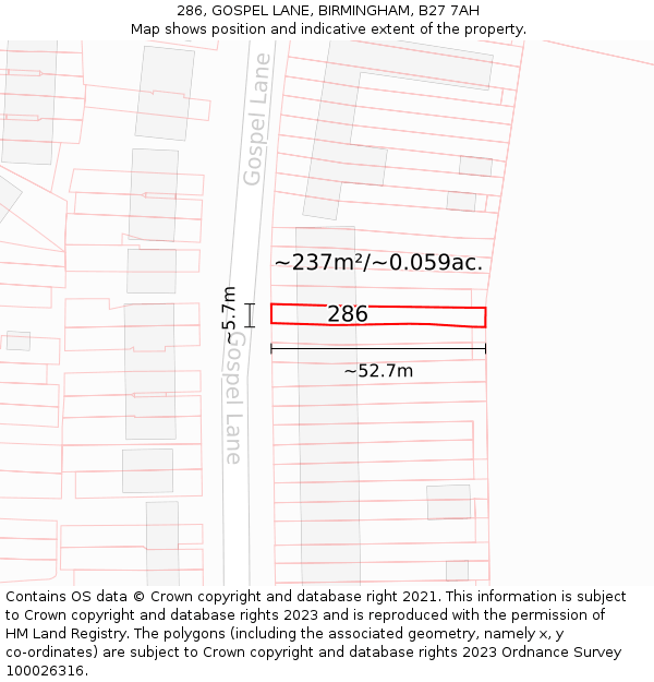 286, GOSPEL LANE, BIRMINGHAM, B27 7AH: Plot and title map