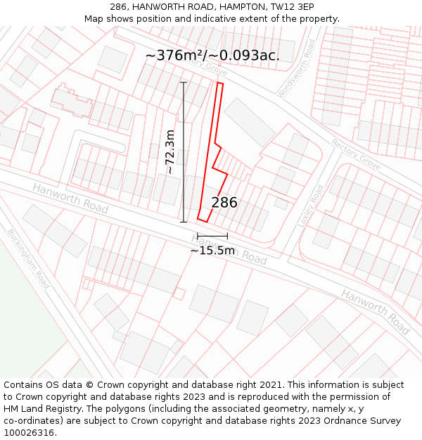 286, HANWORTH ROAD, HAMPTON, TW12 3EP: Plot and title map