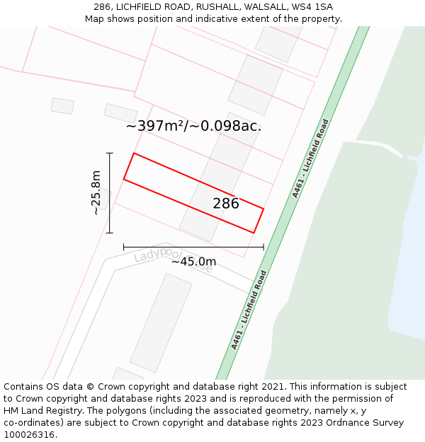 286, LICHFIELD ROAD, RUSHALL, WALSALL, WS4 1SA: Plot and title map