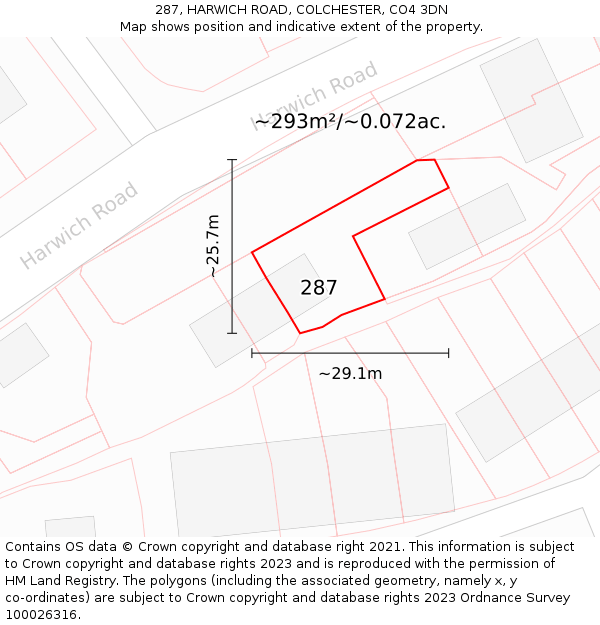 287, HARWICH ROAD, COLCHESTER, CO4 3DN: Plot and title map