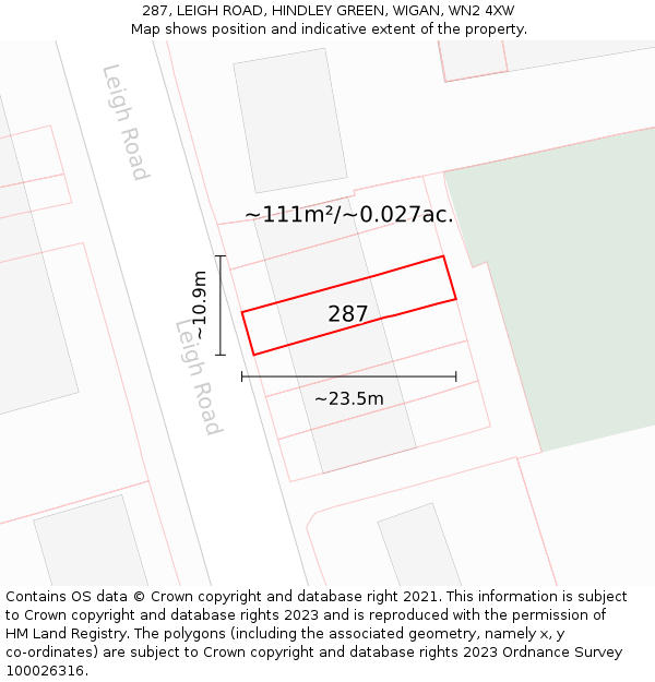 287, LEIGH ROAD, HINDLEY GREEN, WIGAN, WN2 4XW: Plot and title map