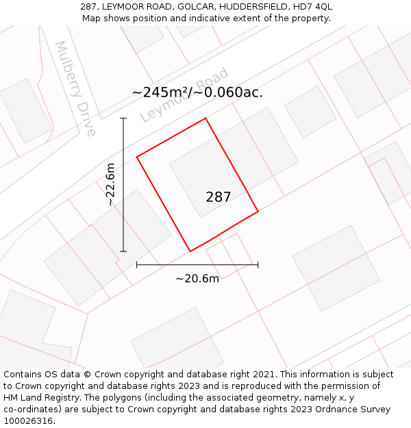 287, LEYMOOR ROAD, GOLCAR, HUDDERSFIELD, HD7 4QL: Plot and title map