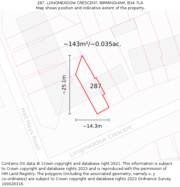 287, LONGMEADOW CRESCENT, BIRMINGHAM, B34 7LA: Plot and title map
