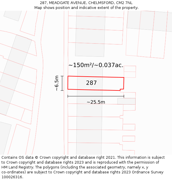 287, MEADGATE AVENUE, CHELMSFORD, CM2 7NL: Plot and title map