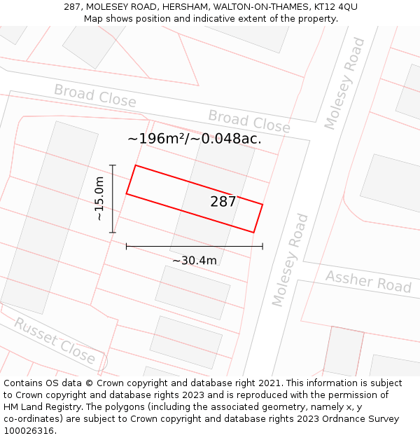 287, MOLESEY ROAD, HERSHAM, WALTON-ON-THAMES, KT12 4QU: Plot and title map
