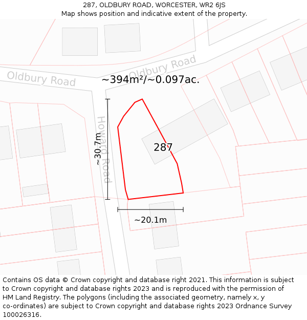 287, OLDBURY ROAD, WORCESTER, WR2 6JS: Plot and title map
