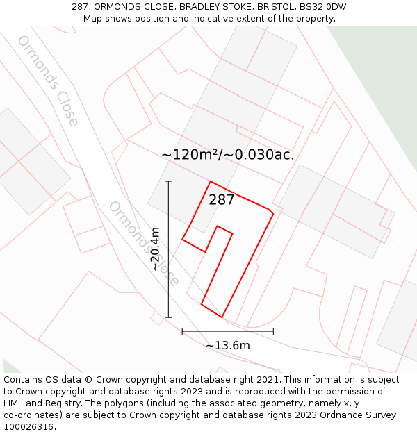 287, ORMONDS CLOSE, BRADLEY STOKE, BRISTOL, BS32 0DW: Plot and title map