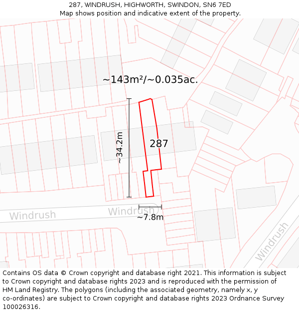 287, WINDRUSH, HIGHWORTH, SWINDON, SN6 7ED: Plot and title map