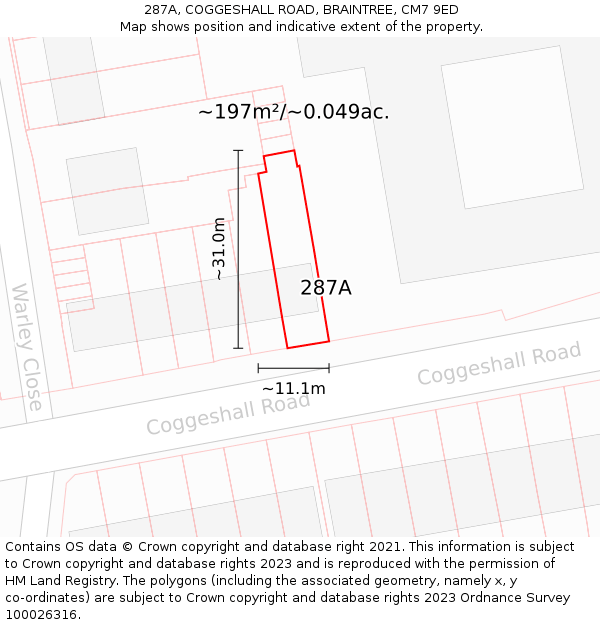287A, COGGESHALL ROAD, BRAINTREE, CM7 9ED: Plot and title map