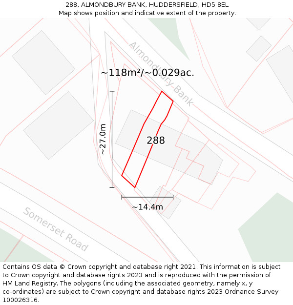 288, ALMONDBURY BANK, HUDDERSFIELD, HD5 8EL: Plot and title map