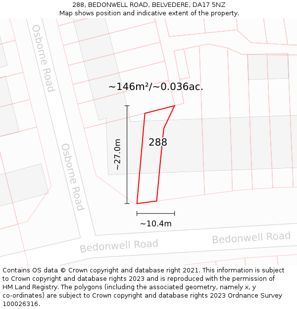 288, BEDONWELL ROAD, BELVEDERE, DA17 5NZ: Plot and title map
