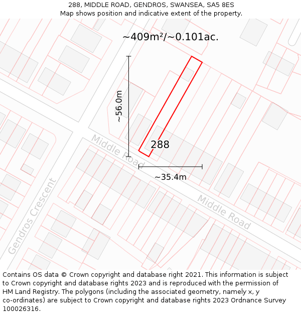 288, MIDDLE ROAD, GENDROS, SWANSEA, SA5 8ES: Plot and title map