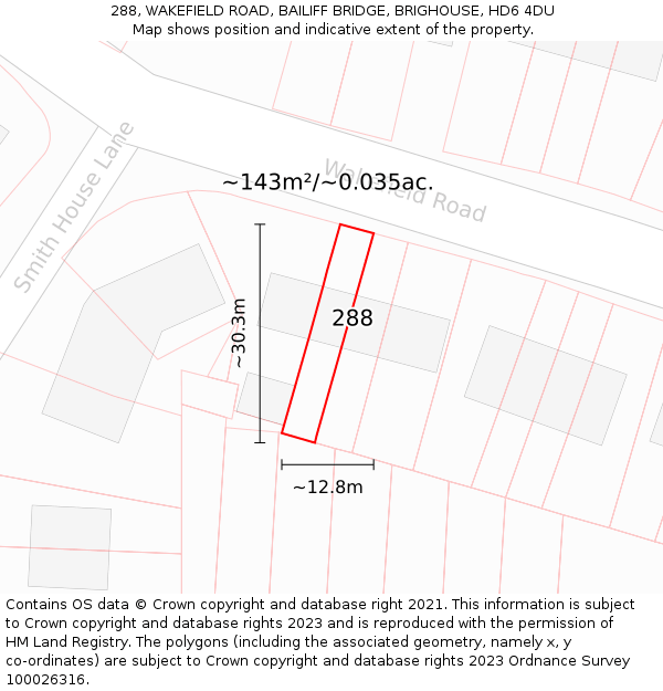 288, WAKEFIELD ROAD, BAILIFF BRIDGE, BRIGHOUSE, HD6 4DU: Plot and title map