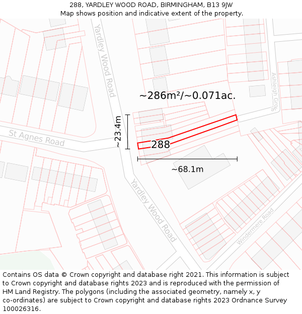 288, YARDLEY WOOD ROAD, BIRMINGHAM, B13 9JW: Plot and title map