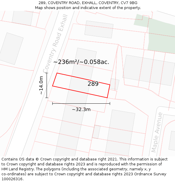 289, COVENTRY ROAD, EXHALL, COVENTRY, CV7 9BG: Plot and title map